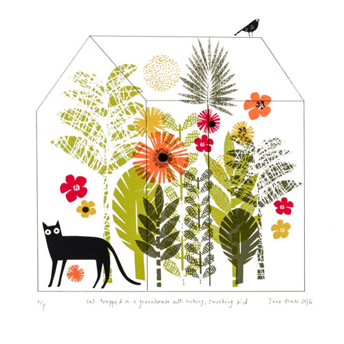Jane Ormes -  Cat Trapped in a Greenhouse with Lurking , Smirking Bird...